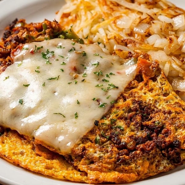 Cheesy omelet with herbs and crispy hash browns served on a white plate.