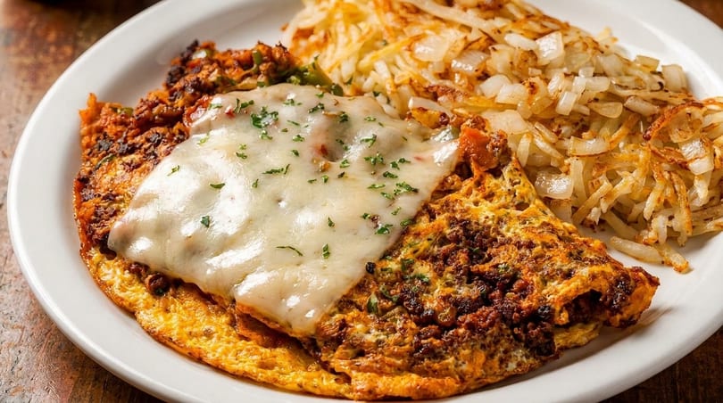 Cheesy omelet with herbs and crispy hash browns served on a white plate.
