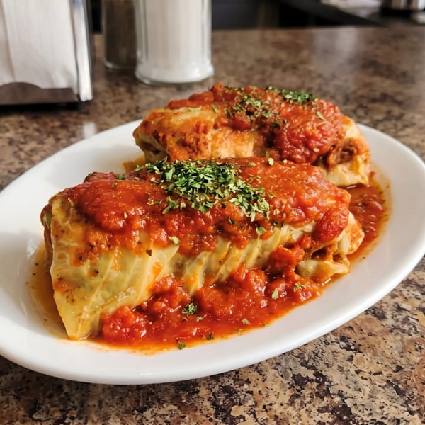 Two cabbage rolls covered in red sauce and parsley on a white plate, on a speckled brown table.