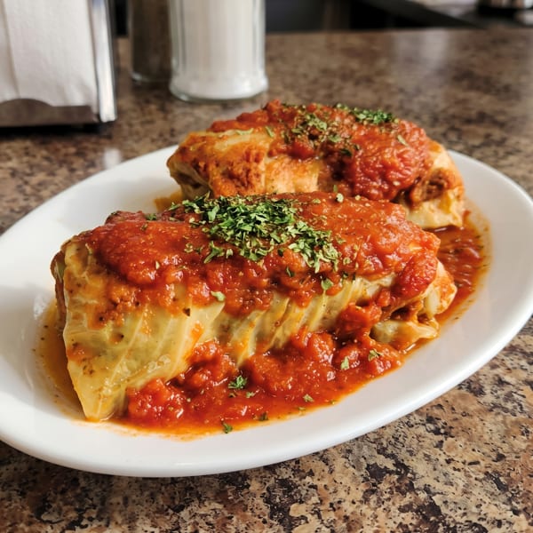Two stuffed cabbage rolls covered in tomato sauce and fresh parsley on a white plate.