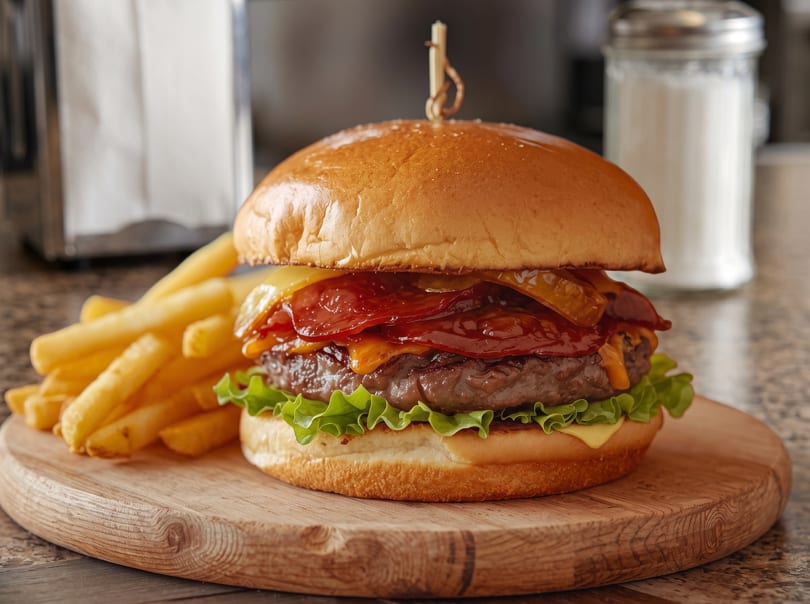 Bacon cheeseburger with lettuce, sauce, and golden fries on a wooden serving board.