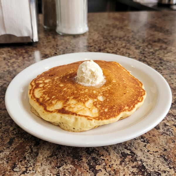 A golden-brown pancake with a melting pat of butter on a white plate, on a speckled brown table.