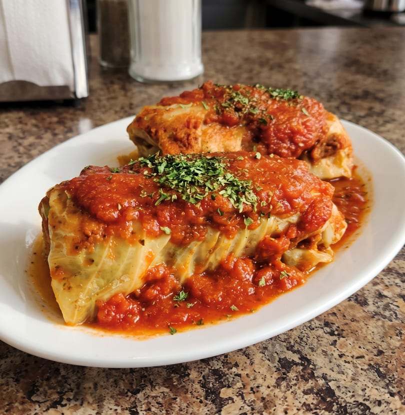 Two cabbage rolls covered in red sauce and fresh herbs on a white plate.