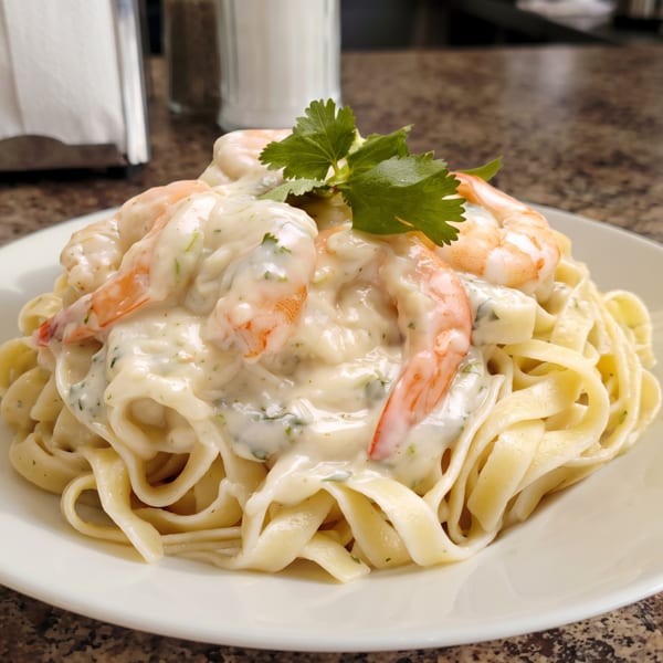 Creamy fettuccine pasta with shrimp and fresh parsley garnish on a white plate.
