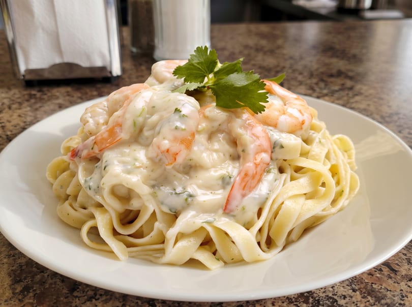 Fettuccine pasta with shrimp in a creamy white sauce, garnished with fresh parsley on a white plate.