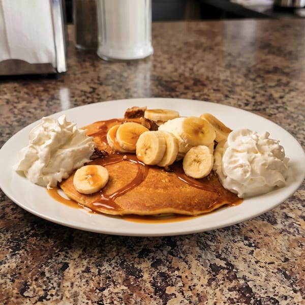 Pancakes with caramel sauce, sliced bananas, and whipped cream on a white plate.