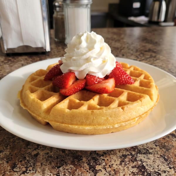 Golden waffle topped with fresh strawberries and a dollop of whipped cream on a white plate.
