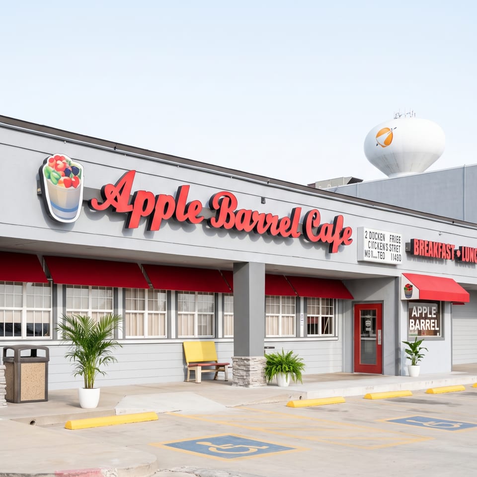 Exterior of Apple Barrel Cafe with red awnings, a fruit cup sign, and a water tower in the background.