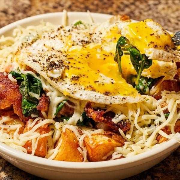 Breakfast bowl with fried eggs, crispy potatoes, spinach, bacon, and shredded cheese, with a fork lifting egg.