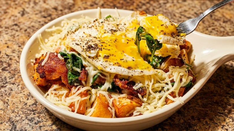 Breakfast bowl with crispy potatoes, spinach, bacon, melted cheese, and two fried eggs.