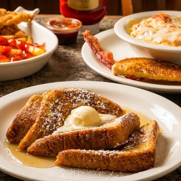 A table laden with French toast, chicken tenders with fries, and a cheesy breakfast casserole.