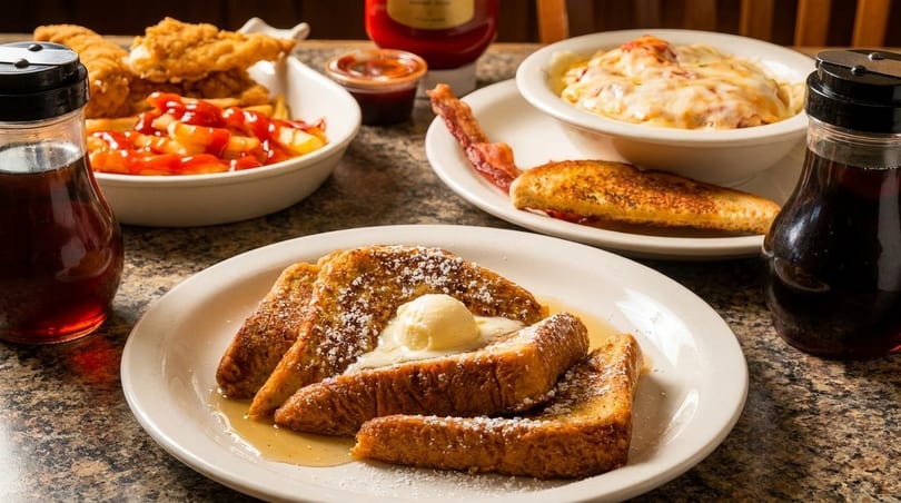 A table laden with French toast, chicken tenders with fries, and a cheesy breakfast casserole.