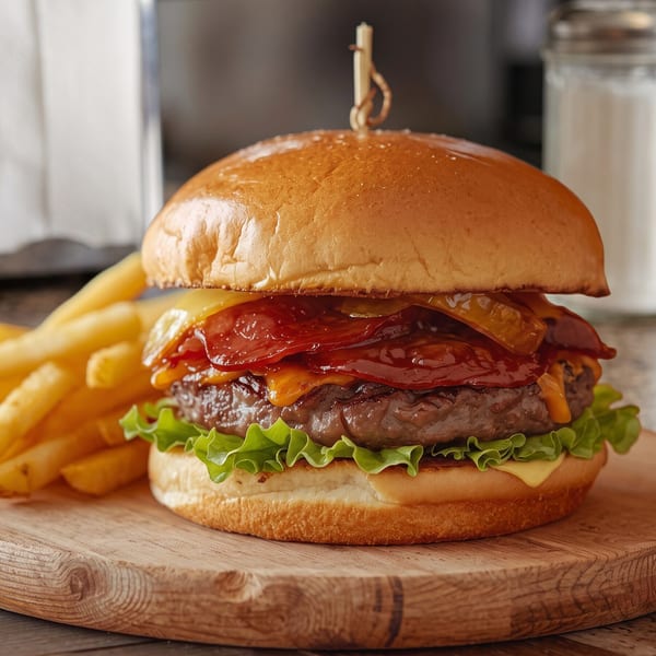 Close-up of a juicy bacon cheeseburger with lettuce and fries on a wooden serving board.