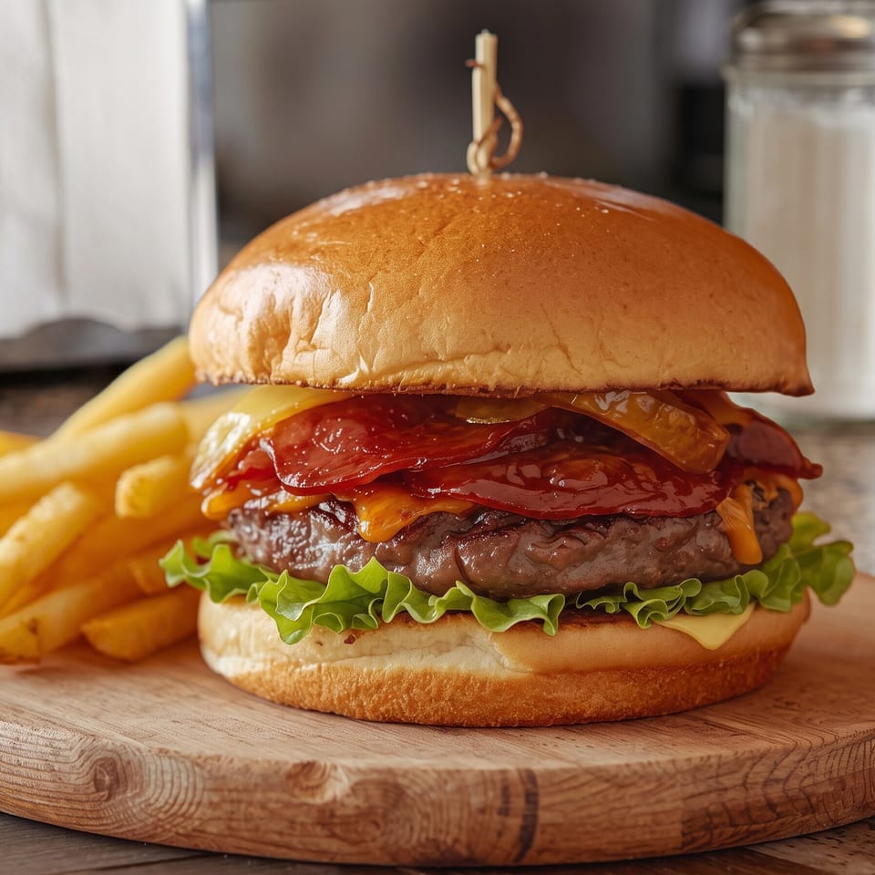 Close-up of a juicy bacon cheeseburger with lettuce and fries on a wooden serving board.