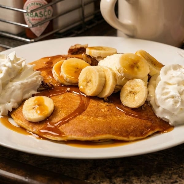Pancakes with bananas, whipped cream, and caramel sauce on a white plate.