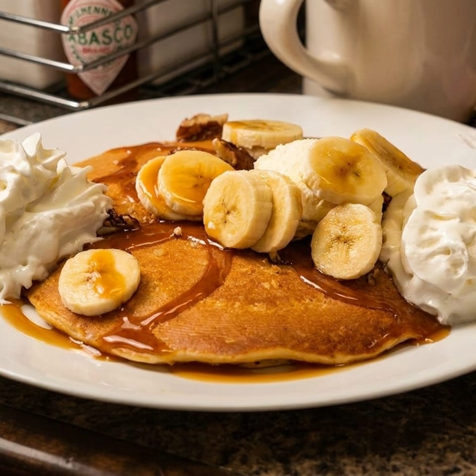Pancakes with bananas, whipped cream, and caramel drizzle on a white plate.