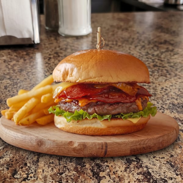A juicy burger with cheese, bacon, and barbecue sauce, served with fries on a wooden board.