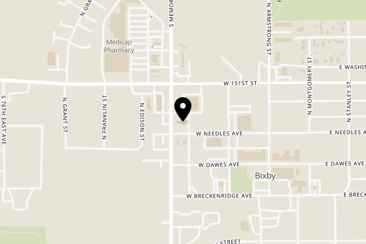 Map showing the location of Apple Barrel Cafe Bixby on 15225 S Memorial Dr in Bixby